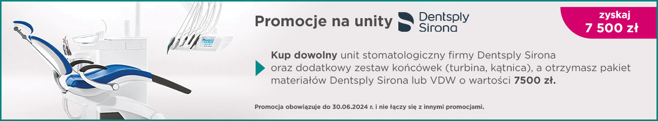 Kup dowolny unit stomatologiczny firmy Dentsply Sirona oraz dodatkowy zestaw końcówek (turbina, kątnica), a otrzymasz pakiet materiałów Dentsply Sirona lub VDW o wartości 7500 zł.